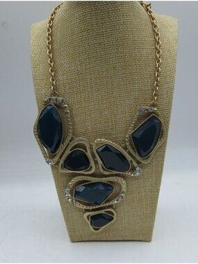 Gold Tone Black Faceted Statement Necklace Chunky Bib Rhinestone Accent Fashion